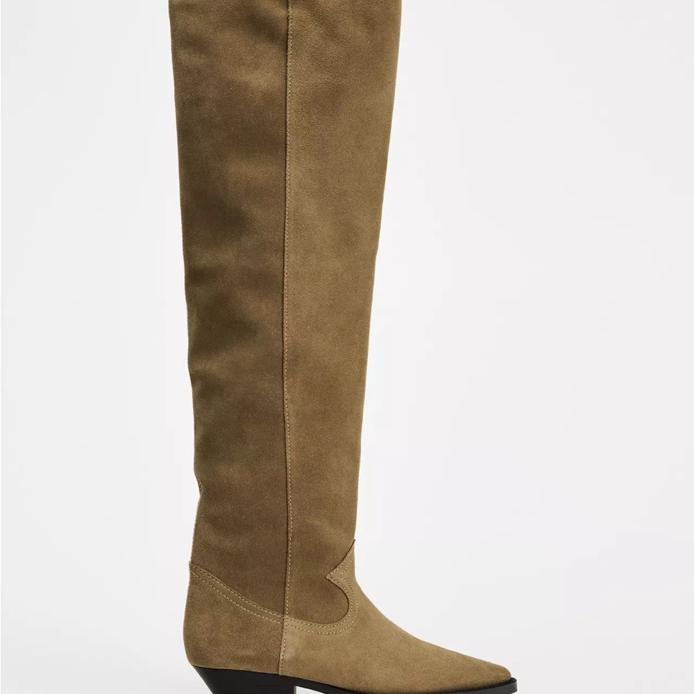 Zara Tan XL flat suede thigh high cow boy boots.